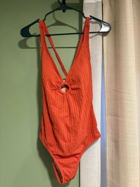 One-Piece Swimsuit - Orange Ribbed with Front Ring